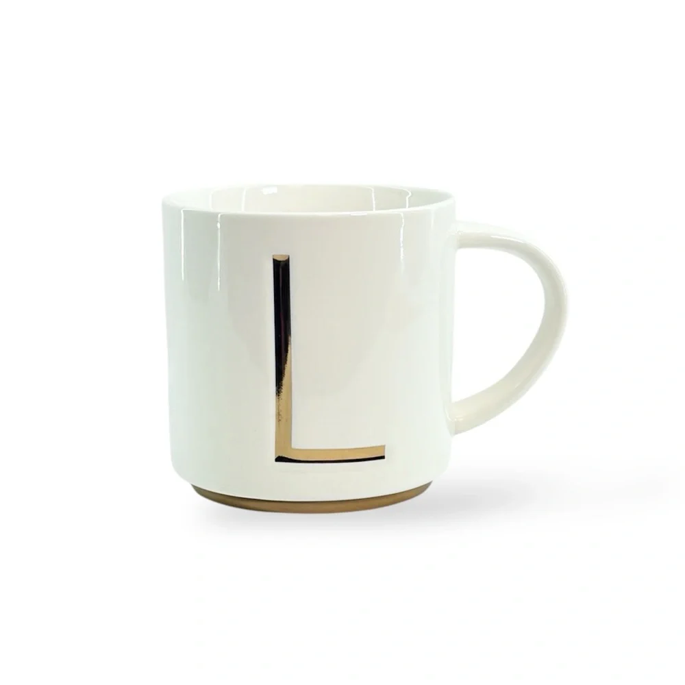 Williams Sonoma White Gold Art Deco Monogrammed “L” Initial Coffee Tea Mug Cup